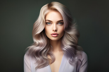 Studio portrait of a young white model with blonde-toned lilac hair, expressive blue eyes, gorgeous skin, soft lips, and a lilac blouse, posing on a muted green background, looking at the camera.
