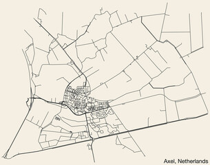 Detailed hand-drawn navigational urban street roads map of the Dutch city of AXEL, NETHERLANDS with solid road lines and name tag on vintage background