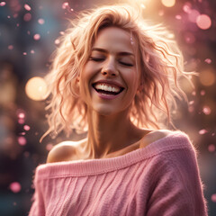 a sexy blonde model with a pink blouse smiling and laughing