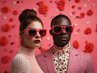 Obraz premium Vibrant image of a fashionable couple with pink sunglasses and attire against a pink backdrop with berry patterns