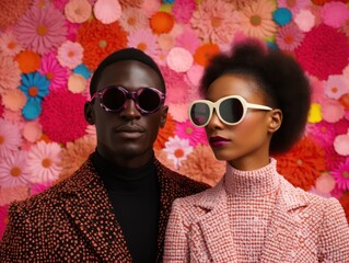 Stylish couple in trendy outfits posing confidently with a colorful flower wall background,...