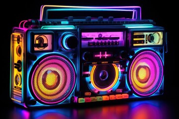 Classic boombox with a modern twist, glowing with an array of neon colors against a stark black background