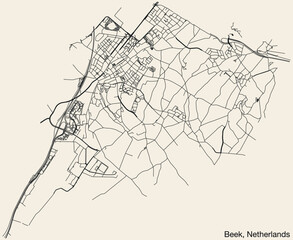 Detailed hand-drawn navigational urban street roads map of the Dutch city of BEEK, NETHERLANDS with solid road lines and name tag on vintage background