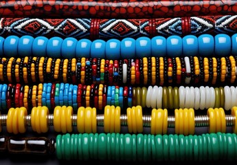 Vibrant beaded bracelets neatly arranged, showcasing a variety of patterns and colors