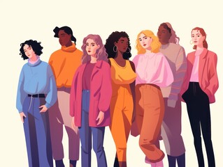 Artistic illustration depicting a group of diverse women confidently posing in contemporary, stylish attire