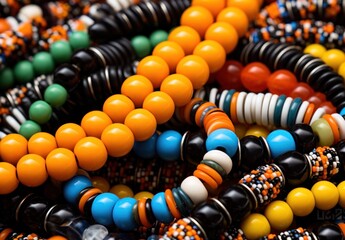 Close-up of ornate beaded bracelets featuring a rich palette of multicolored accents and patterns - obrazy, fototapety, plakaty