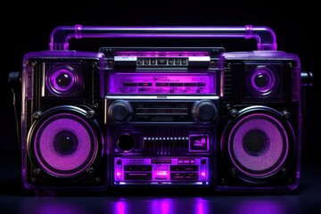 A classic retro boombox emitting a vibrant purple glow creates an atmosphere of musical nostalgia