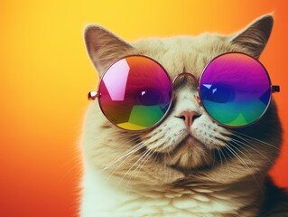 Naklejka premium Stylish cat posing in sunglasses. Close portrait of furry kitty in fashion style. Illustration for cover, card, postcard, interior design, banner, poster, brochure or presentation.