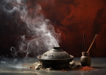 Obraz na płótnie Canvas An elegantly crafted incense pot emitting smoke, set on a textured surface with stones
