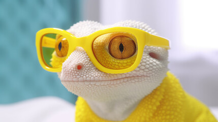 Funny lizard or gecko with sunglasses. Digital art. Figurine made of ceramics, plasticine, plastic or rubber. Illustration for cover, card, flyer, poster or print on t-shirt, bag, etc.