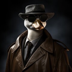 Mysterious duck character in detective attire with dramatic backlight