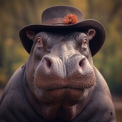 A close-up of a hippopotamus with endearing eyes, sporting an elegant hat with a flower