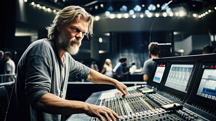 A man works behind a professional sound mixing board in a recording studio. Illustration for cover, card, postcard, interior design, banner, poster, brochure or presentation. - obrazy, fototapety, plakaty