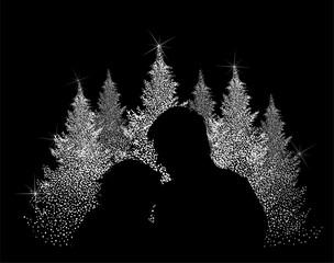 Lovers kiss at the Christmas tree. Christmas. MyRealHoliday. hand drawing. Not AI. Vector illustration