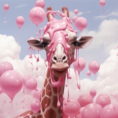 A whimsical digitally-created giraffe covered in pink paint surrounded by floating balloons