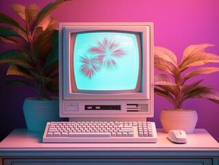 A vivid retro computer setup with a screen display of palm trees, inviting a sense of digital escapism
