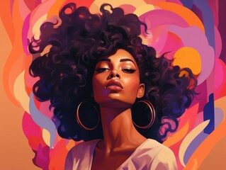 Vibrant digital portrait of a woman with curly hair and hoop earrings, surrounded by abstract shapes