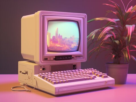 A retro computer setup featuring a classic monitor with an urban skyline illustration, evoking nostalgia