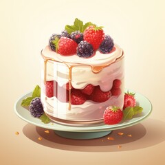 Beautiful delicious dessert with aromatic glaze and fresh berries on a light background. Suitable for advertising and company logo