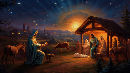 Nativity scene, Christmas backgrund, generative ai - obrazy, fototapety, plakaty