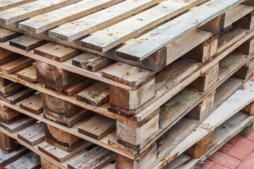 Close up view of a stack of wooden pallets.