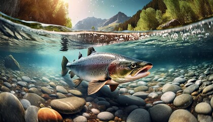 Salmon swimming in a shallow, clear mountain river