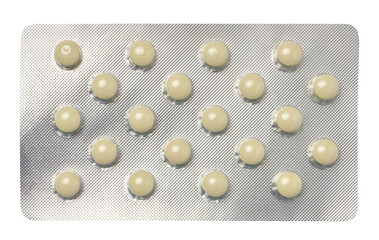 Blister pack with round pills on a white isolated background