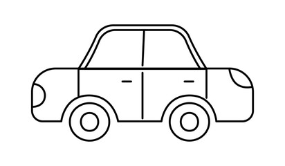Car outline icon. Simple personal transport. Primitive Side view of the car. Line symbol. Children's drawing. Isolated object on a white background. Without color, coloring. Vector illustration.