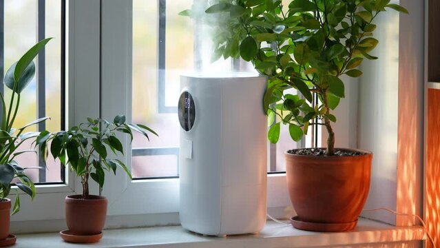 Ergonomical humidifier standing on window sill moisturizing dry air in room, house for comfort plants growth. Modern device having function of air cleaner, purifier, freshener, ionizer, vaporizer