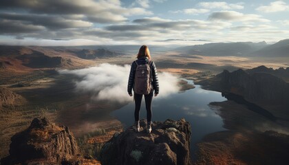 Awe inspiring mountain vista hiker standing atop majestic peak, admiring breathtaking valley view