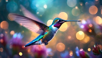 A hummingbird hovering against a colorful background - obrazy, fototapety, plakaty