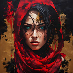 A portrait painting of a gorgeous girl wih a red scarf in dark gold and red details