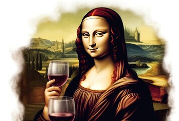 Mona Lisa Drinking Wine. Mona Lisa's portrait in a pop art style. Sticker. Logotype.