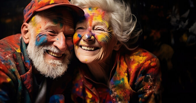 an old couple with their faces painted in colors, smiling and happy. concept of middle age and happiness.