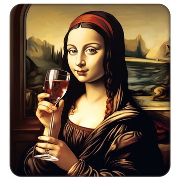 Mona Lisa Drinking Wine. Mona Lisa's portrait in a pop art style. Sticker. Logotype.