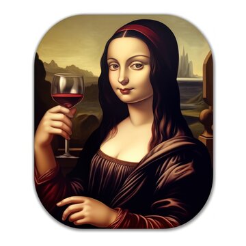 Mona Lisa Drinking Wine. Mona Lisa's portrait in a pop art style. Sticker. Logotype.