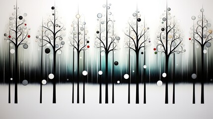 AI-generated abstract illustration of a stylish forest with bare trees decorated for the holidays. MidJourney.