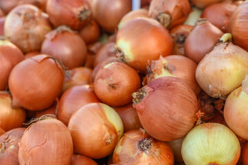 onions piled in a pile at the local market 1