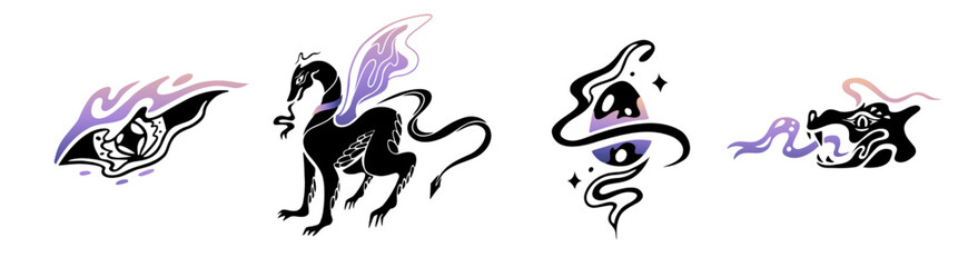 Dragon egg silhouette black isolated on white. Eyes  with fire . Funny sticker gradient. Hand drawn mythology fantasy. New year web icon. Decoration fire and collar.