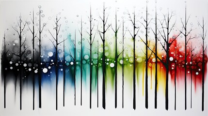 AI-generated abstract illustration of snowfall in a stylized, colorful forest. MidJourney.