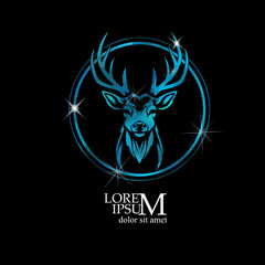Deer head blue logo in a circle. hand drawing. Not AI, Vector illustration