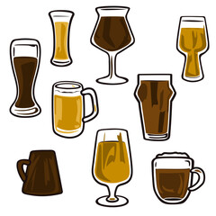 A set of simple drawings of different types of beer in different glasses and mugs.