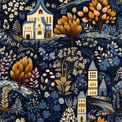 Seamless pattern with castle surrounded by trees and flowers. Fabulous, whimsical ornament on a dark background. Stock illustration.