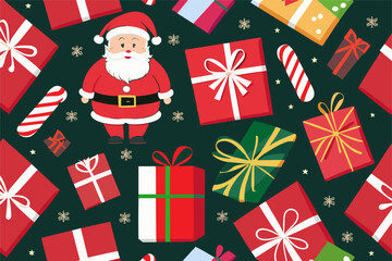 Vector christmas pattern with cartoon
santa claus in the red hat, snowflakes, gifts 
 on a black background. 2024 New Year's fashion
ornament for fabric, paper, textiles.
