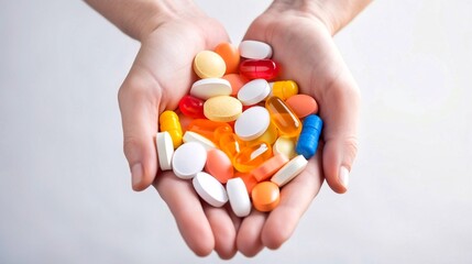 Female hands holding a handful of colorful pills and capsules on white background - obrazy, fototapety, plakaty