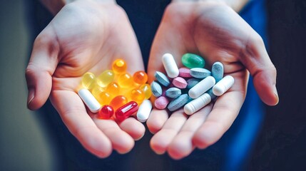 Human hands hold a handful of colorful pills and capsules. Assortment of pharmaceutical drugs, pills in hands - obrazy, fototapety, plakaty