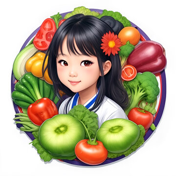 illustration of cute beautiful girl who loves natural nutrition with vegetables and fruits