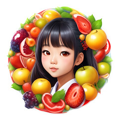 Fototapeta na wymiar illustration of cute beautiful girl who loves natural nutrition with vegetables and fruits