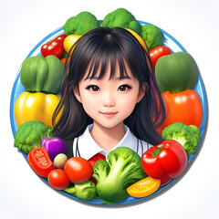 Fototapeta na wymiar illustration of cute beautiful girl who loves natural nutrition with vegetables and fruits