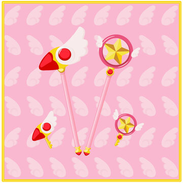 set de ilustracion vectorial de baculos magicos rosa y con estrellas y alas